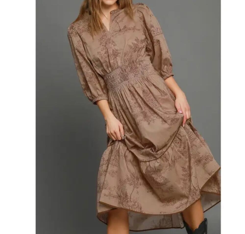 Umgee Boho Landscape Smocked Waist Midi Dress Women's Small Tan Brown